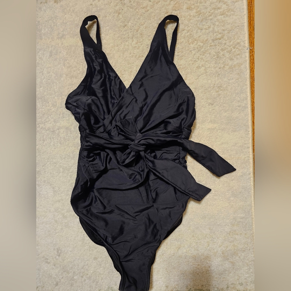 Maternity Black One-Piece Swimsuit with Plunging V-Neck and Waist Tie